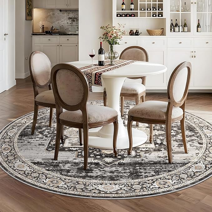 RUUGME Washable 7 Round Rug - Large Rugs for Living Room Soft Stain Resistant Carpet for Bedroom Kitchen Dining Room Vintage Non Slip Home Decor Floor Mat 7round Black