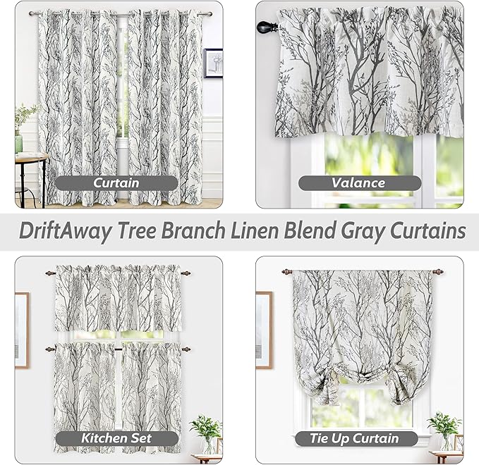 DriftAway Tree Branch Linen Lined Valance Double Layer Thermal Insulated Room Darkening Blackout Valances 3 Inch Rod Pocket Short Window Valance for Living Room Bathroom 52 Inch by 24 Inch Gray
