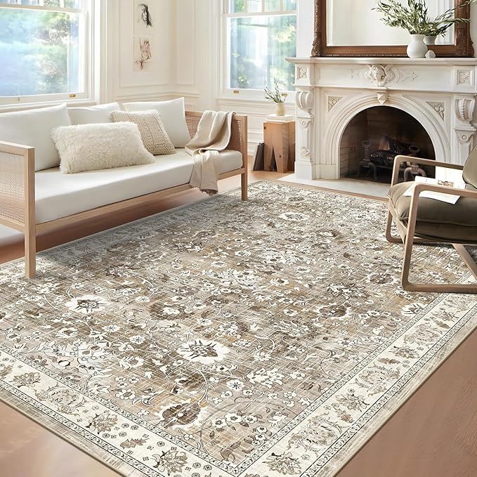 LOKHOM Living Room Area Rug 6x9, Non-Slip Vintage Soft Bedroom Rug with Rubber Backing, Low Pile Boho Floral Faux Wool Floor Carpet Distressed Rug for Bedroom Dining Room（Beige Brown）