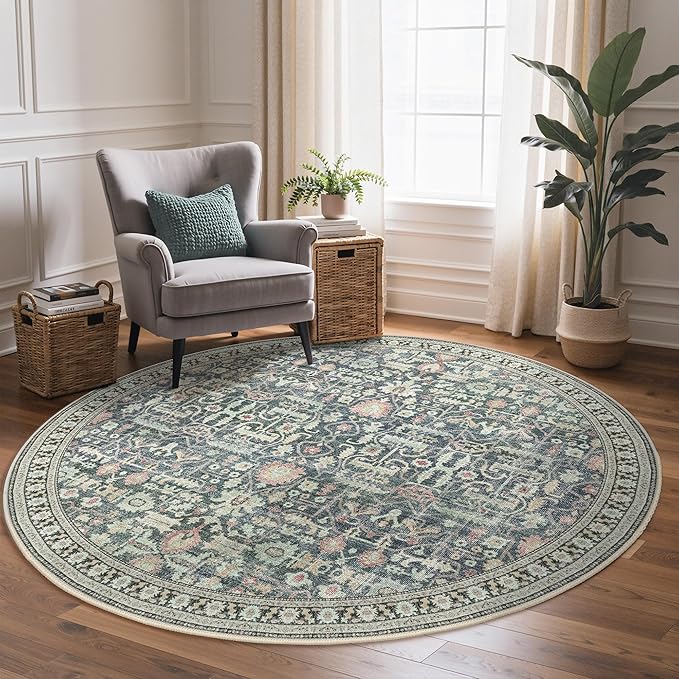 Bavni Round Rug 5ft-Machine Washable Area Rugs Non-Slip for Bedroom, 5x5 Vintage Floral Rug Distressed Throw Carpet for Living Room Nursery Kitchen Bathroom, Green/Blue