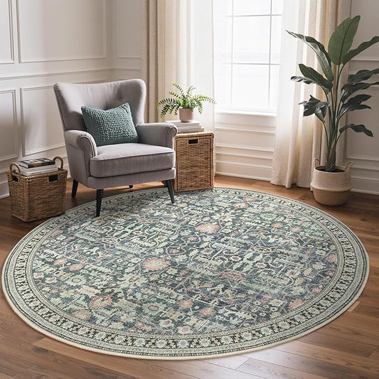 Bavni Round Rug 5ft-Machine Washable Area Rugs Non-Slip for Bedroom, 5x5 Vintage Floral Rug Distressed Throw Carpet for Living Room Nursery Kitchen Bathroom, Green/Blue
