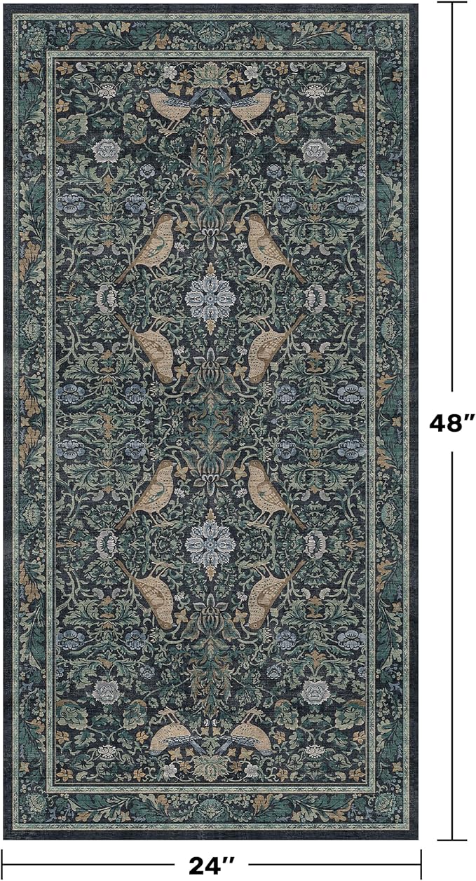 Hazo Haus Washable Floral Small 2x4 Thin Door Mats for Inside Entry, Dark Blue Bird Non Slip Kitchen Rug, Low Pile Bathroom Rug, Traditional Carprt for Bedroom Besdide Bed
