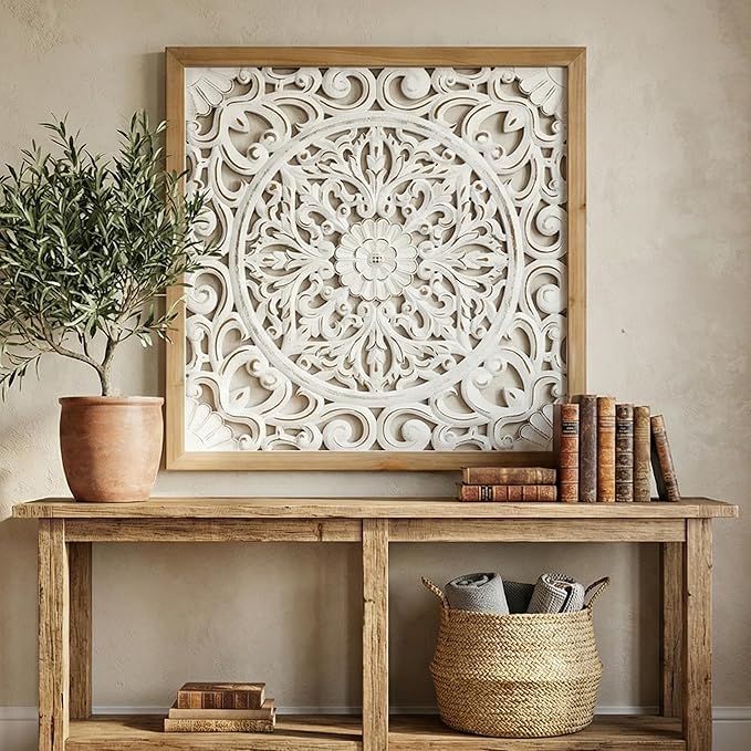 XIAOAIKA Boho Carved Wood Wall Sculpture, Intricate Floral Mandala Design with Distressed White Finish, Vintage Farmhouse Wall Art Panel with Solid Wood Frame for Bedroom Entryway (22.5" x 22.5")
