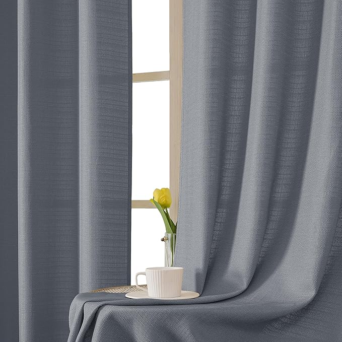 Chyhomenyc Dark Grey Curtains 45 Inch Length 2 Panels, Faux Linen Textured Semi Sheer Light Filtering Soft Airy Rod Pocket Window Treatment Drapes for Living Room Bedroom, Each 30" Wx45 L