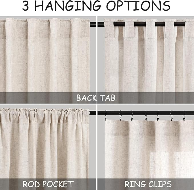 Beige Linen Curtains 63 Inches Long for Bedroom Back Tab Light Filtering Privacy Sheer Curtains Modern Farmhouse Coastal Decor Linen Cotton Textured Gauze Curtain for Bathroom 2 Panel Set 42x63