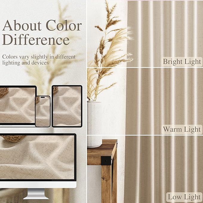 Nanspring Grey Flax Curtains 63 Inch Length for Living Room Linen Blend Light Filtering Mordern Boho Sheer Curtains Back Tab and Rod Pocket Privacy Curtain for Bedroom Office 52x63,2 Panels