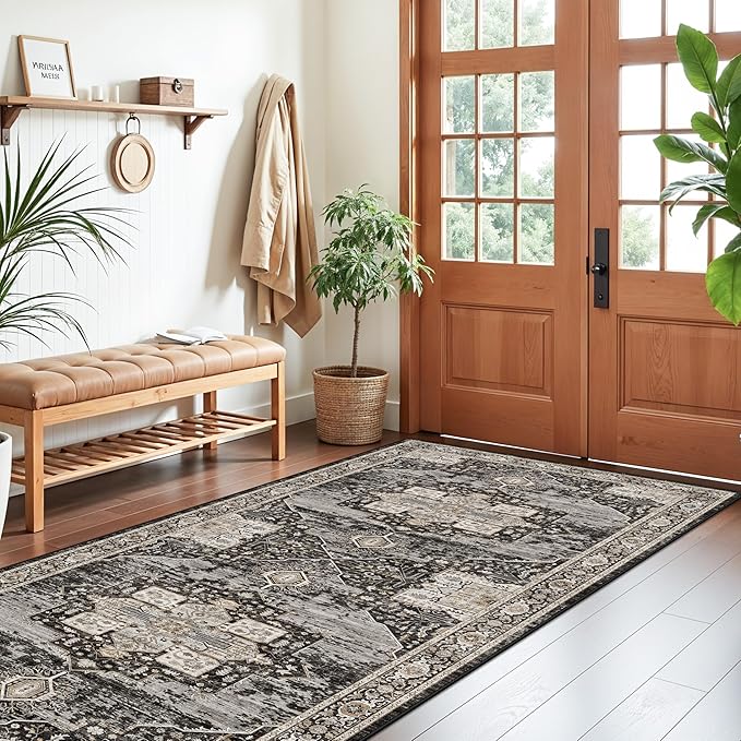 RUUGME 4x8 Hallway Runner Rug - Washable Vintage Soft Runners Stain Resistant Carpet Lightweight Ultra-Thin Rugs for Entryway Kitchen Bedroom with Non Slip Backing Home Decor 4x8 Black