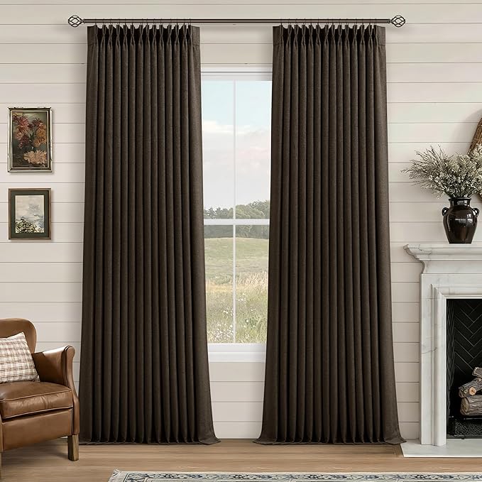 100% Blackout Linen 102 Inch Curtains 2 Panel Set for Bedroom Pinch Pleated Dark Brown Chocolate Linen Insulated Heavy Curtain 40 x 102 Inches Length Sliding Glass Door Room Darkening Drapes