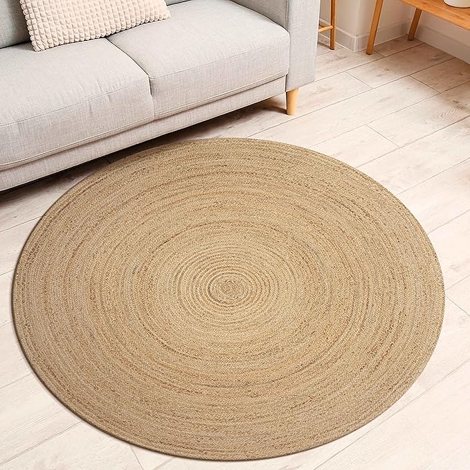 Jute Braided Area Rug, Natural - 4 Feet Round, Boho Neutral Rattan Circle Hand Woven Rugs for Living Room, Bedroom, Nursery, Kitchen, Indoor Use | Farmhouse Rustic Patio Floor Mat for Home Décor