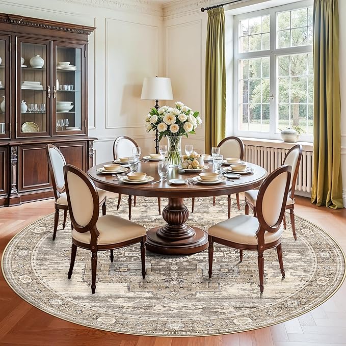 RUUGME 8ft Round Area Rug - Washable Vintage Round Area Rugs for Living Room Bedroom Ultra Soft Decoration Carpets with Non Slip Backing Stain Resistant Floor Mat for Bathroom 8ft Beige