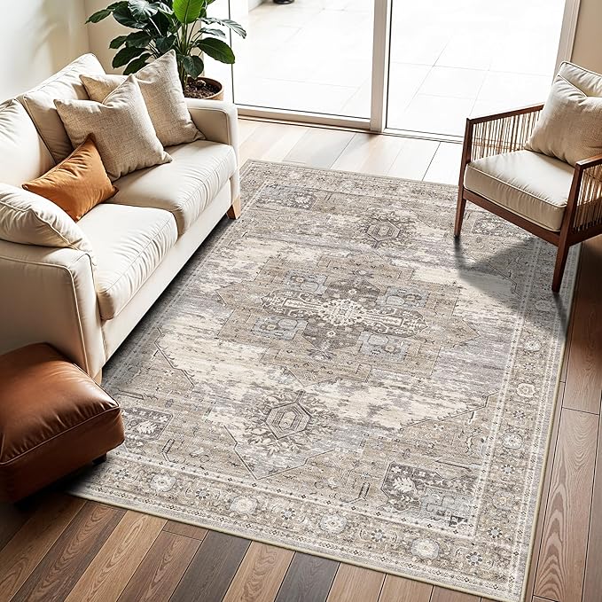 RUUGME Washable Area Rugs 5x6 - Vintage Distressed Rugs for Small Living Room Stain Resistant Non Slip Carpets for Bedroom/Dining Room/Laundry Room/Kitchen 5x6 Beige