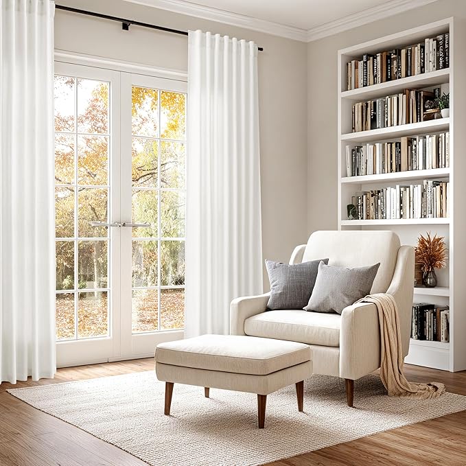 Nanspring Beige White Linen Curtains for Living Room 78 Inches Long Back Tab and Rod Pocket Light Filtering Semi Sheer Curtain Rustic Farmhouse Decor Luxury Drapes for Bedroom Office 52x78, 2 Panels