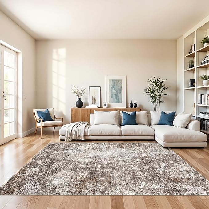 7x7 Area Rug Square Washable – Non-Slip Soft Indoor Carpet for Dining Room Living Room Kitchen Bedroom – Modern Abstract Neutral Low-Pile Accent Rug (Brown Beige, 7x7)