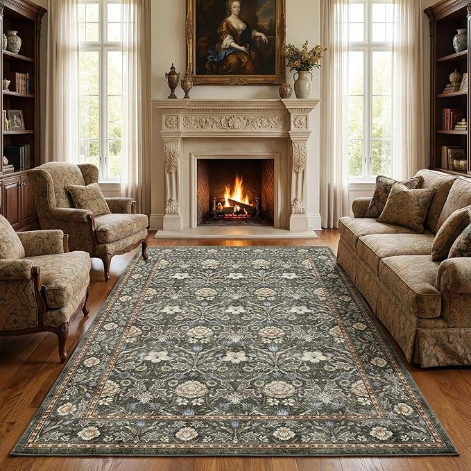 GarveeHome Washable Area Rug 6x9, Soft Vintage Floral Bedroom Rug Non Slip Low Pile Carpet Stain Resistant Gray Throw Rug for Bedside Kids Room Office Dining Room