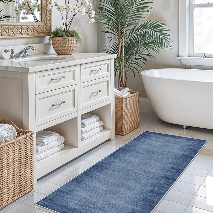 2x6ft Non-Slip Washable Kitchen Rug - Modern Carpet Runner for Hallway,Bedroom Bedside,Laundry Room,Entryway with Rubber Backing – Abstract Neutral Low-Pile Thin (Navy Blue,2x6)