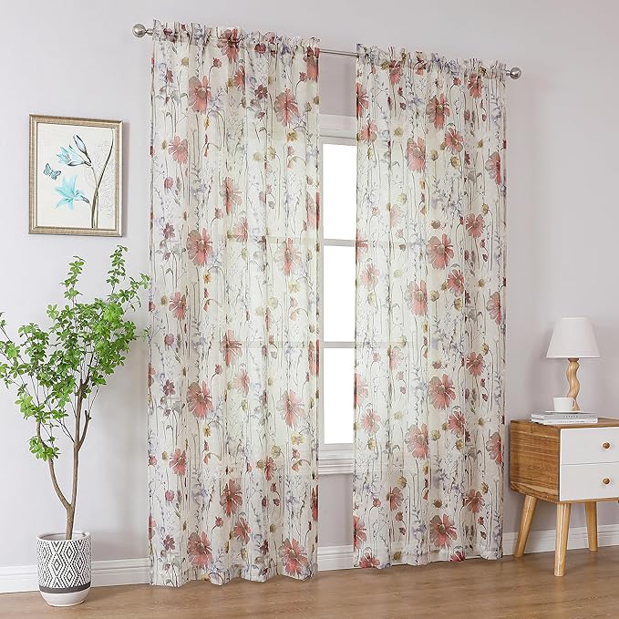 OWENIE Crushed Sheer Curtains 96 Inches Long 2 Panels Set, Sheer Floral Curtains Printed Drapes on Sheers for Living Room Bedroom, Rod Pocket Light Filtering Window Sheers (2 Panels, 51" x 96")