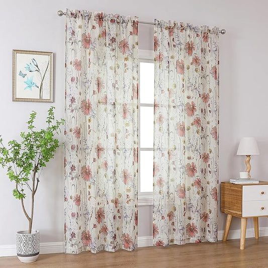 OWENIE Crushed Sheer Curtains 96 Inches Long 2 Panels Set, Sheer Floral Curtains Printed Drapes on Sheers for Living Room Bedroom, Rod Pocket Light Filtering Window Sheers (2 Panels, 51" x 96")