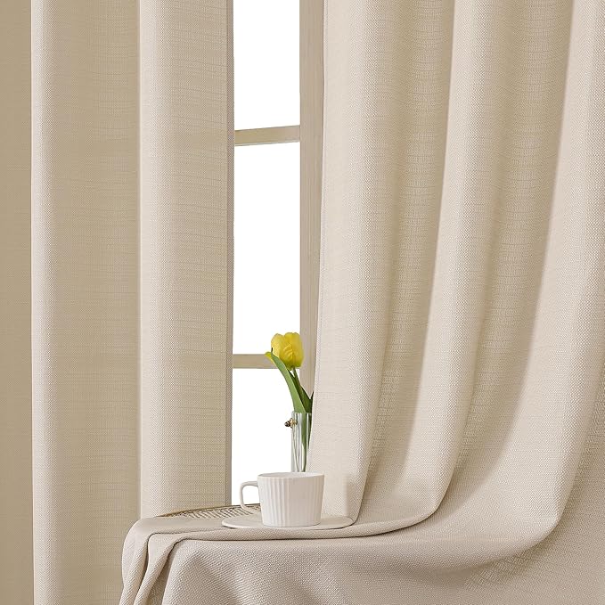 Chyhomenyc Bedroom Curtains 54 Inch Length 2 Panels, Faux Linen Textured Semi Light Filtering Soft Airy Rod Pocket Window Treatment Drapes for Living Room, Each 30Wx54L, Linen Color