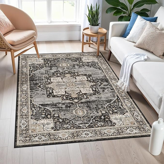 RUUGME Washable Entryway 4x5 Rug- Vintage Area Rug for Living Room Bedroom Kitchen Stain Resistant Carpet Low Pile Ultra-Thin Rugs with Non Slip Backing Home Decor 4X5 Black