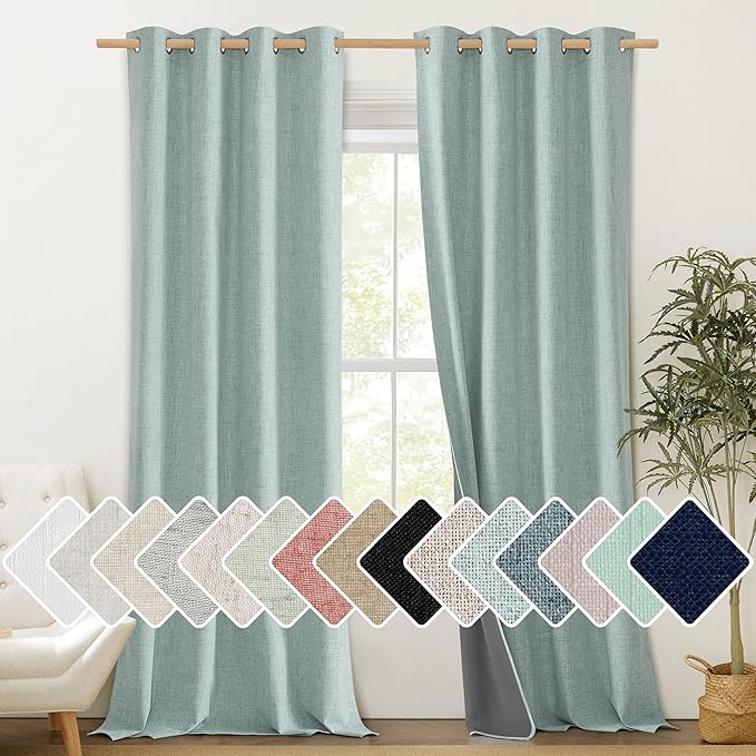 NICETOWN 100% Absolutely Blackout Linen Curtains with Thermal Insulated Liner, Seafoam Green, 52" Wide, 102" Length Energy Saving Curtains for Living Room 2 Panels Set, Vertical Blinds