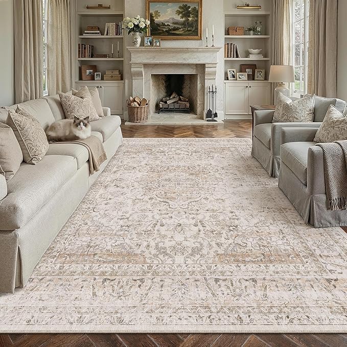 8x10 Washable Area Rug Beige Vintage Non Slip Soft Low Pile Rug for Living Room Bedroom Dining Room Office Distressed Oriental Indoor Large Throw Carpet for Home Decor