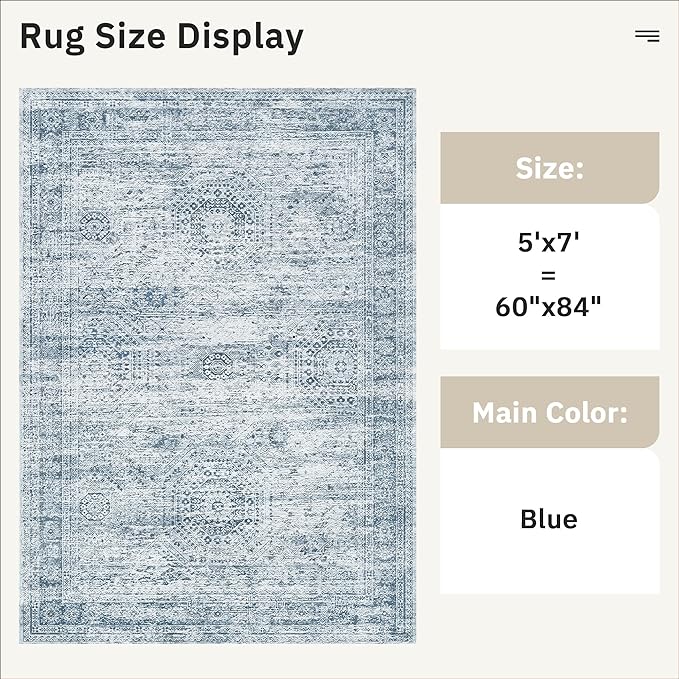 Soalmost 5x7 Area Rugs Blue Low Pile Indoor Washable Trendy Faded Style Rugs for Bedroom Living Room Dining Room Foldable Non-Slip Thin Print Mat