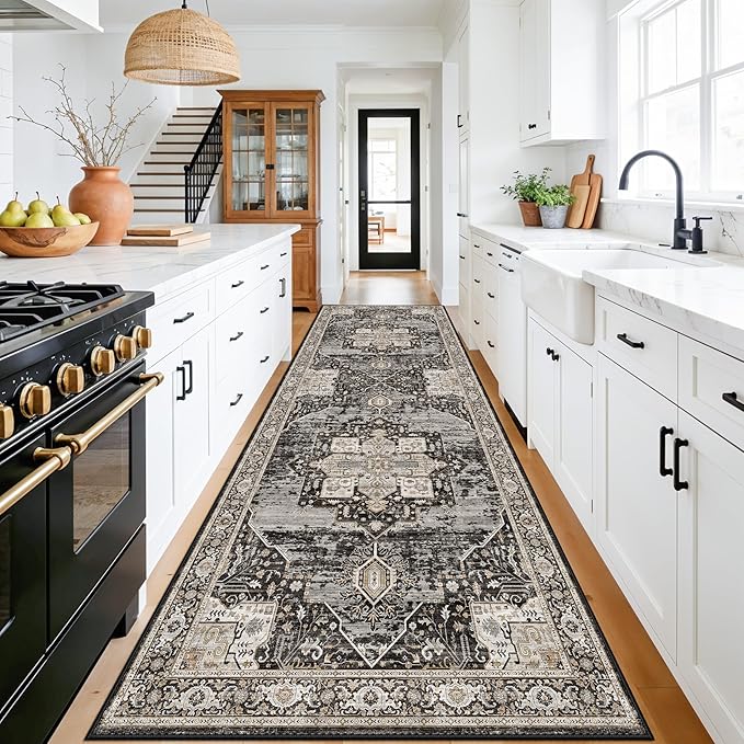 RUUGME Washable 4x12 Runner Hallway - Extra Long Runner Rug Soft Stain Resistant Carpet Vintage Ultra-Thin Rugs for Entryway Bedroom Kitchen with Non Slip Backing Home Decor Small Mat 4x12 Black