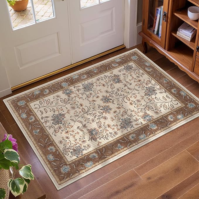GarveeHome Small Entryway Rug, 2x3 Washable Front Door Rug Indoor Entrance French Floral Carpet Non-Slip Low Pile Beige Throw Rugs for Kitchen, Powder Room, Entry, Bathroom, Kids Room