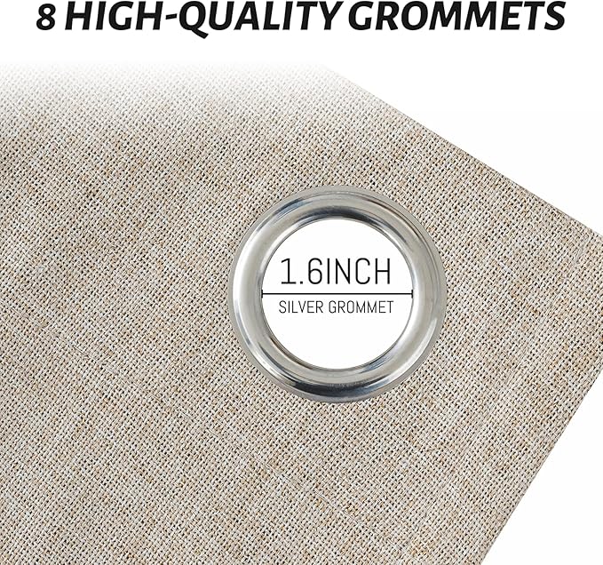 Yakamok Natural Linen Curtains 100% Blackout 90 Inches Long,Room Darkening Textured Curtains for Living Room Thermal Grommet Bedroom Curtains 2 Panels with Greyish White Liner