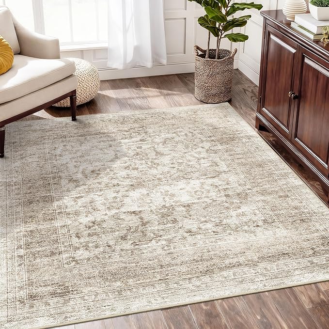 RUUGME Square Area Rugs 5x5 - Vintage Washable Rugs for Small Living Room Non Slip Rugs for Bedroom/Dining Room/Office/Nursery Stain Resistant&Easy Clean Home Decor Mat 5x5 Beige Brown