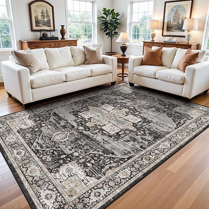 RUUGME Washable 7x8 Area Rug - Non Slip Ultra Thin Soft Living Room Rugs Vintage Distressed Stain Resistant Home Decor Mat for Bedroom,Dining Room,Nursery 7x8 Black