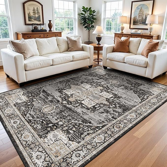 RUUGME Washable 7x8 Area Rug - Non Slip Ultra Thin Soft Living Room Rugs Vintage Distressed Stain Resistant Home Decor Mat for Bedroom,Dining Room,Nursery 7x8 Black