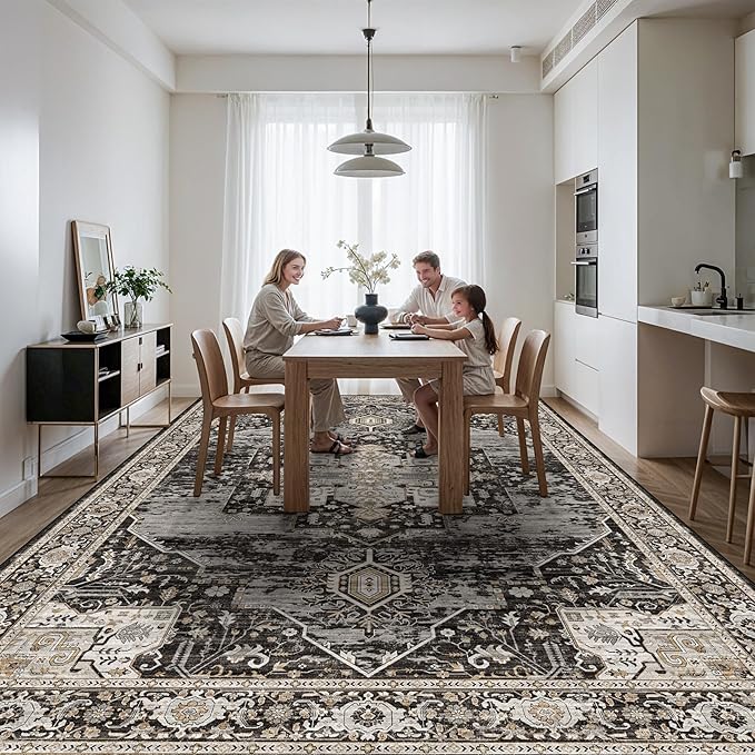RUUGME Washable 11x15 Area Rug - Large Vintage Rugs with Non Slip Rubber Backing Stain Resistant Carpet for Bedroom Dining Room Indoor Soft Carpets Home Decor Decoration Mat 11X15 Black