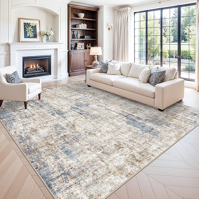 10x10 ft Square Living Room Rug – Washable Modern Abstract Area Rug for Bedroom, Dining Room, Playroom – Neutral Non-Slip Low-Pile Thin Indoor Carpet（Blue Brown）