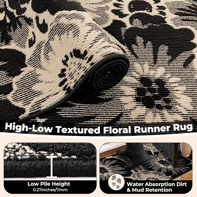 Findosom Washable Area Rug 3x5, Non Slip High-Low Textured Floral Rugs for Bedroom with Rubber Backing, Boho Carpet for Living Room, Kitchen, Entryway, Laundry, Black & Beige