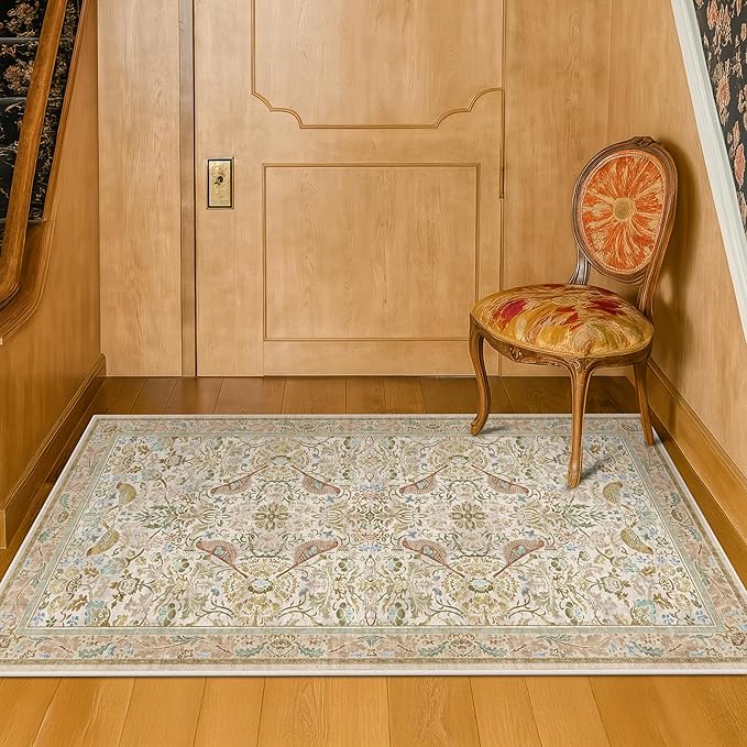 Beige 2x4 Washable Rug for Bathroom, Entryway Non Slip - Soft Low Pile Boho Small Throw Rugs for Kitchen, Powder Room - Unique Boho Bird Botanical Decorative Door Mats Stain Resistant
