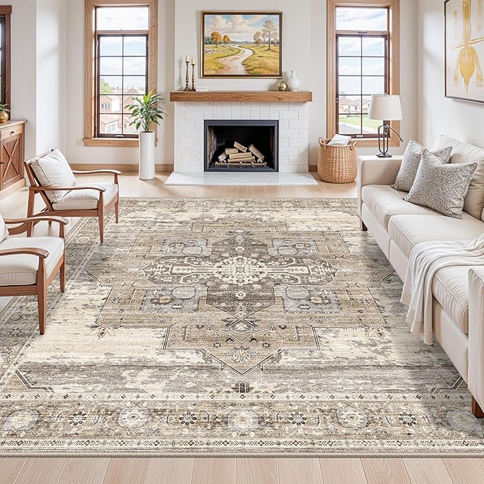 RUUGME Washable 10x10 Area Rug - Large Vintage Area Rugs with Non Slip Backing Low Pile Stain Resistant Carpet for Bedroom Dining Room Indoor Soft Carpets Home Decor Decoration Mat 10X10 Beige