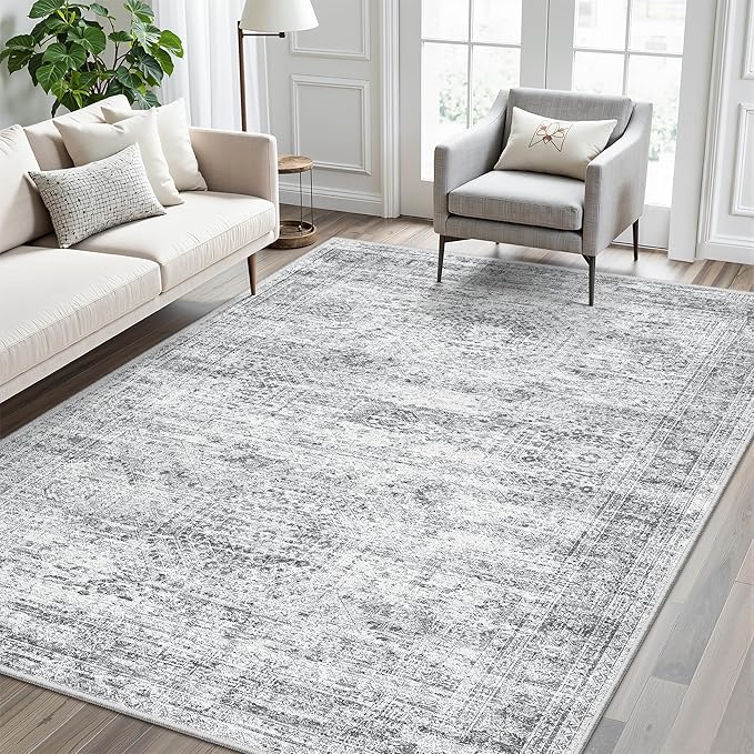 Soalmost 5x7 Area Rugs Gray Low Pile Indoor Washable Trendy Faded Style Rugs for Bedroom Living Room Dining Room Foldable Non-Slip Thin Grey Print Mat