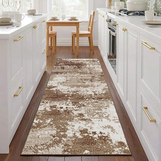 Brown Rug Runners for Hallways Kitchen 2.6x8 Non Slip Washable Entryway Runner Rugs with Rubber Backing 8ft Long Carpet Runner for Laundry Bedroom, Low Pile Stain & Fade Resistant, Abstract Coffee