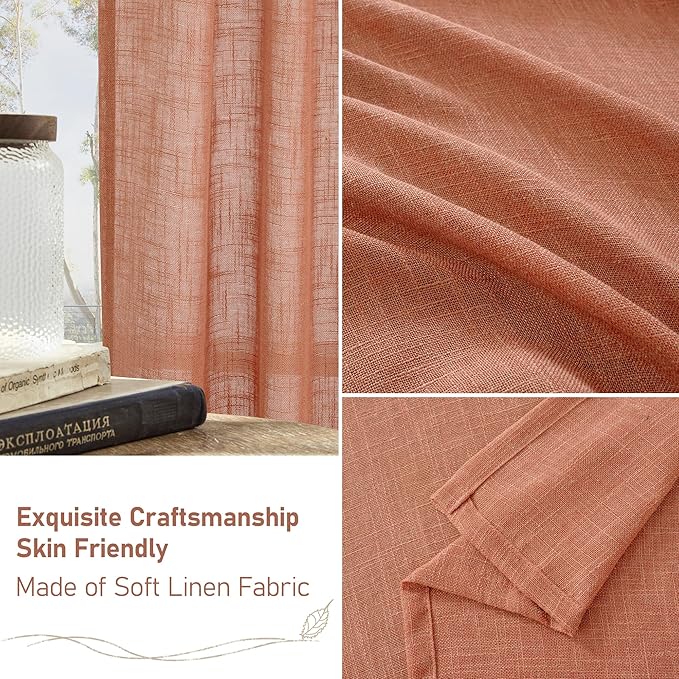 LAMIT Terracotta Linen Curtains for Living Room 108 inch Length 2 Panels, Light Filtering Semi Sheer Panels Back Tab and Rod Pocket Fall Panels for Bedroom/Sliding Glass Door, 52 x 108 Inch