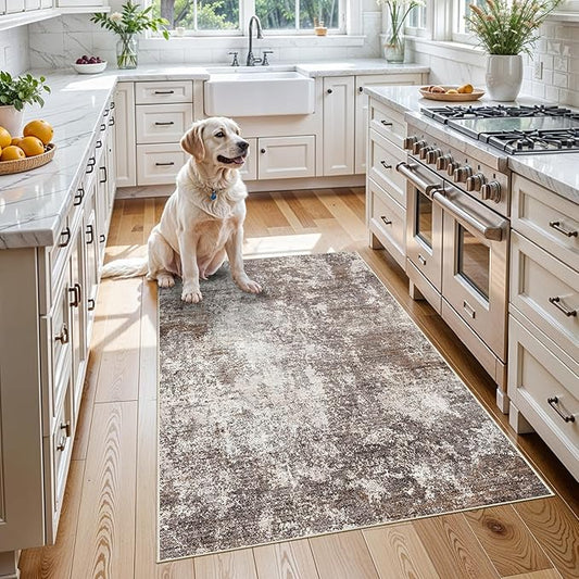 3x4 Washable Entryway Rug – Non-Slip Modern Abstract Small Area Rug for Kitchen, Bedroom, Bathroom – Soft Low-Pile Thin Indoor Door Mat (Brown Beige, 3x4)