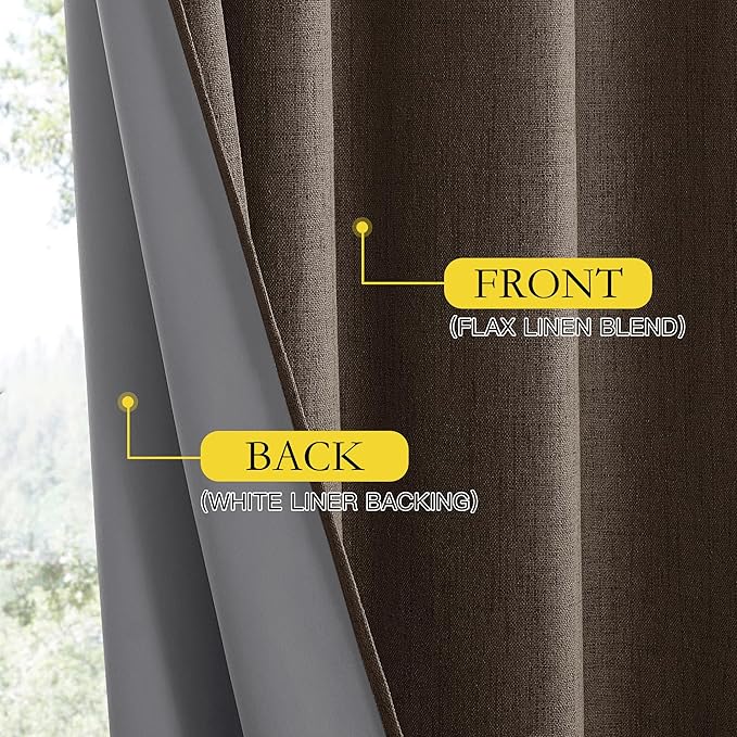 NICETOWN Coffee Vintage Linen 100% Blackout Curtains for Living Room, Thermal Insulated Curtains 90" Long, Noise Reducing Window Treatment Drapes for Home Cinema, 52" Wide Per Panel, Set of 2