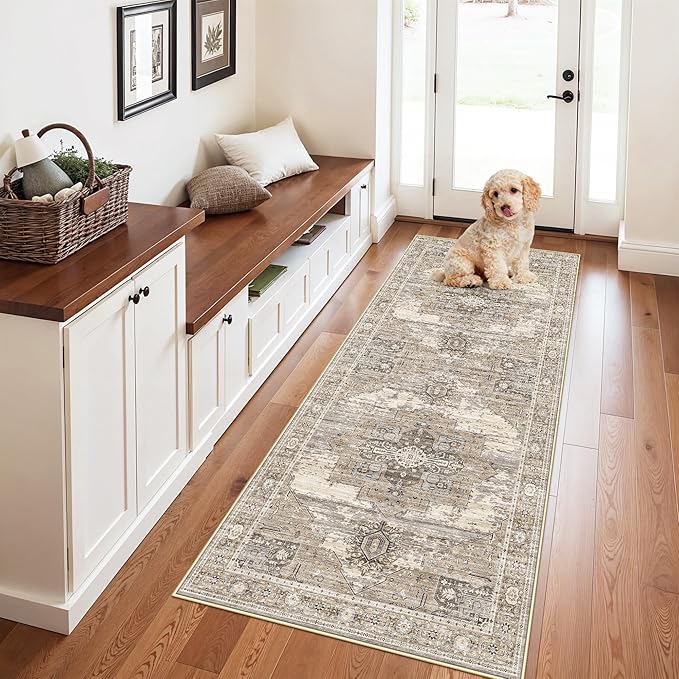 RUUGME Washable 3X6 Runner Rug - Soft Ultra Thin Easy to Clean Runner for Housewife Aged 35-44 - Perfect for Entryway/Hallway/Kitchen/Balcony Vintage Boho Rug 3x6 Beige