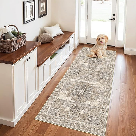 RUUGME Washable 3X6 Runner Rug - Soft Ultra Thin Easy to Clean Runner for Housewife Aged 35-44 - Perfect for Entryway/Hallway/Kitchen/Balcony Vintage Boho Rug 3x6 Beige