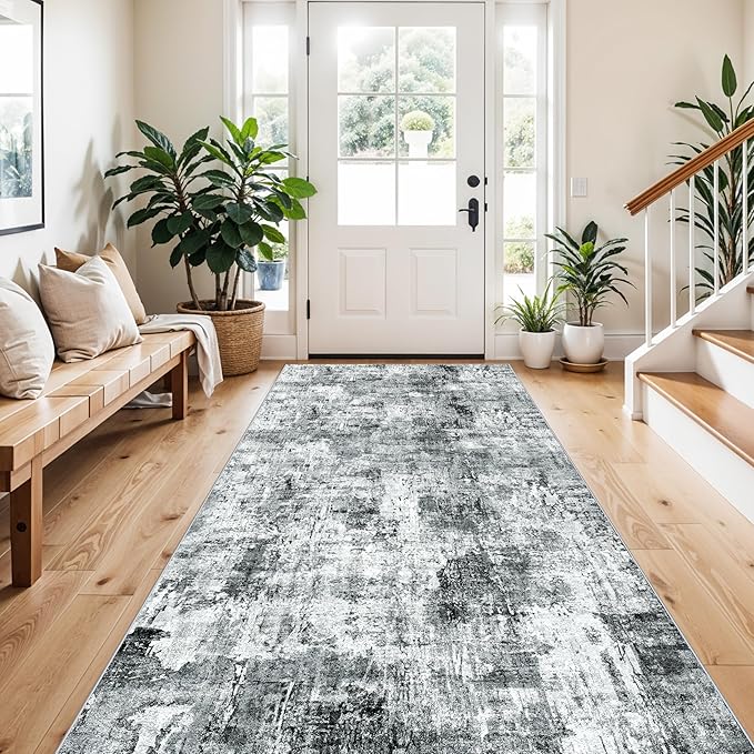 4x8 Washable Area Rug – Non-Slip Rubber Backed Indoor Rug for Entryway, Kitchen, Hallway | Modern Abstract Neutral Low Pile Thin Floor Mat for Bedroom, Living Room, Office（Grey）