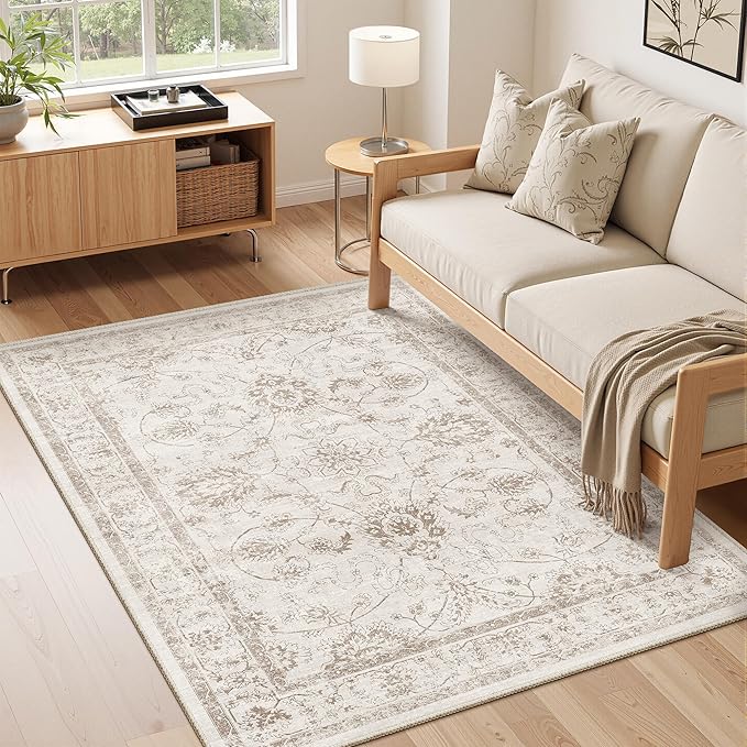 Madane 3x5 Area Rugs for Entryway,Washable Vintage Low Pile Non-Slip Throw Area Rugs, Accent Rug Floral Print Indoor Mat for Bedside Living Room Kitchen Bedroom, Brown/Ivory