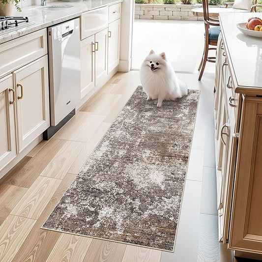 2x5 Washable Kitchen Rug Runner – Non-Slip Abstract Modern Neutral Small Rug for Bathroom, Hallway, Bedroom, Laundry Room, Entryway – Soft Low-Pile Thin with Rubber Backing (Brown Beige, 2x5)