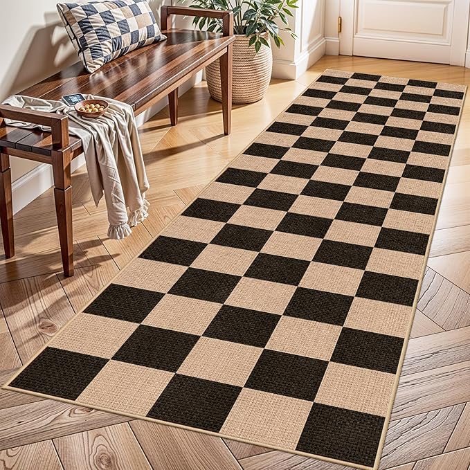 2x8 Checkered Runner Rug for Hallway: Washable Faux Jute Runners Indoor Farmhouse Style - Carpet with Non-Slip Backing - Non Slip Narrow Floor Runners for Entryway Kitchen Living Room (Black,2x8)