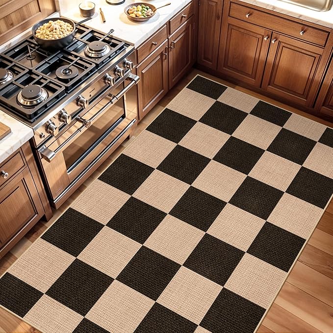 Checkered 3x5 No Shed Jute Rug: Machine Washable Non Slip Rugs for Entryway Front Porch Kitchen - Door Mat Area Rug Farmhouse Neutral Non Shedding - Carpet for Bedroom Living Room (Black,3x5)