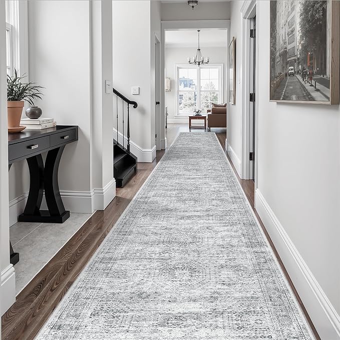 Soalmost Hallway Runner Rug 3x16 - Vintage Non Slip Washable 16ft Kitchen Runner for Entrance Soft Long Carpet Runners for Living Room Bedroom Dining Room, Grey